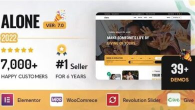 Alone 7.9.2.1 Charity Multipurpose Non-profit WordPress Theme showcasing its responsive design and key features.