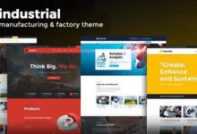Industrial 1.6.2 WordPress theme demo showcasing a manufacturing factory website layout with key features highlighted.