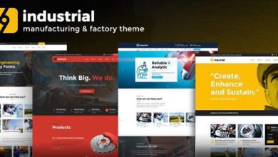Industrial 1.6.2 WordPress theme demo showcasing a manufacturing factory website layout with key features highlighted.
