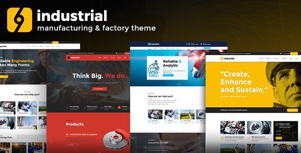 Industrial 1.6.2 WordPress theme demo showcasing a manufacturing factory website layout with key features highlighted.