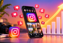 3D illustration of Instagram growth with a smartphone, follower icons, and a rising chart