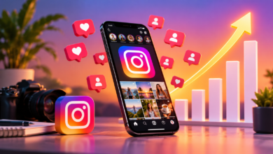 3D illustration of Instagram growth with a smartphone, follower icons, and a rising chart