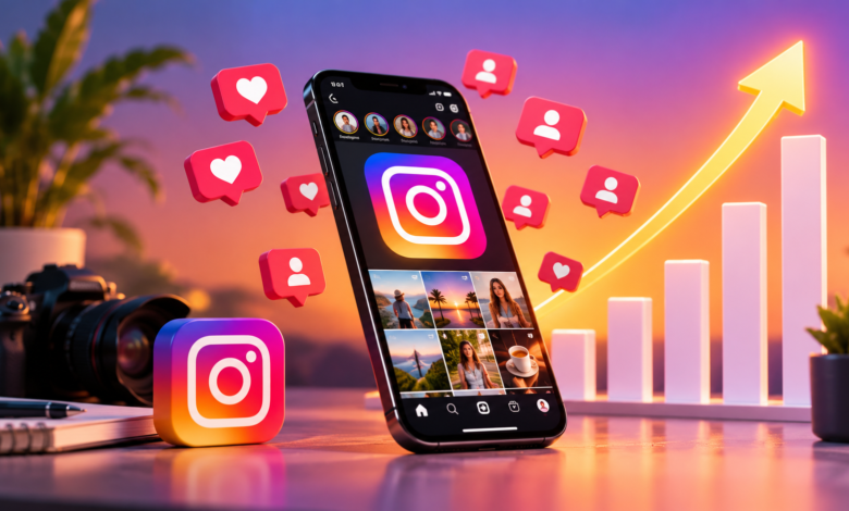 3D illustration of Instagram growth with a smartphone, follower icons, and a rising chart