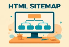 Flat illustration of an HTML sitemap page linking WordPress pages