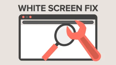 Flat illustration of a blank browser screen being fixed with WordPress tools