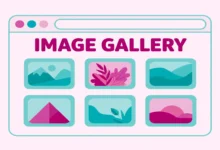 Flat illustration of a photo gallery grid inside an Elementor page layout