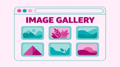 Flat illustration of a photo gallery grid inside an Elementor page layout