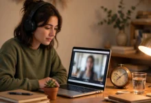 VU student watching online lectures on a laptop with headphones and notes