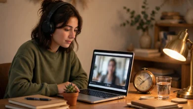 VU student watching online lectures on a laptop with headphones and notes