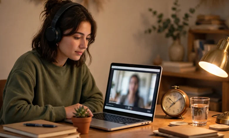 VU student watching online lectures on a laptop with headphones and notes