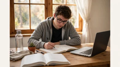 VU student studying with books, laptop and a written daily planner