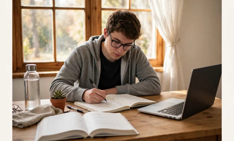 VU student studying with books, laptop and a written daily planner