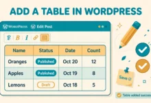 Flat illustration of a data table with rows and columns on a WordPress editor screen