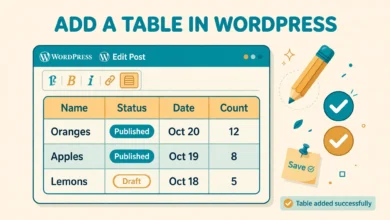 Flat illustration of a data table with rows and columns on a WordPress editor screen