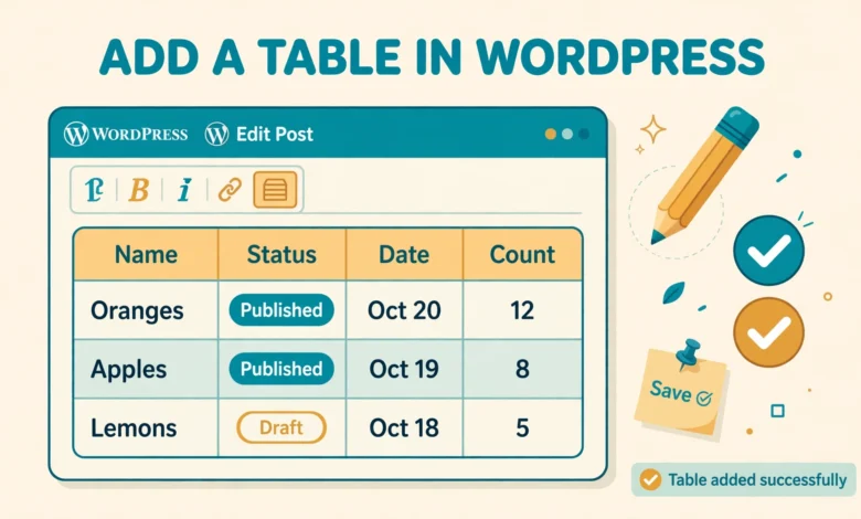 Flat illustration of a data table with rows and columns on a WordPress editor screen