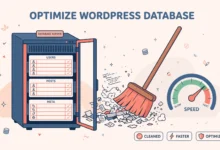 Flat illustration of a tidy database with cleaned tables and a speed gauge