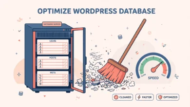 Flat illustration of a tidy database with cleaned tables and a speed gauge