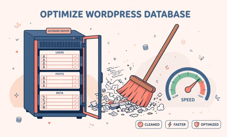 Flat illustration of a tidy database with cleaned tables and a speed gauge