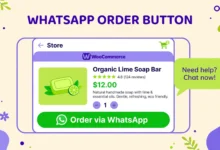 Flat illustration of a WooCommerce product page with a green WhatsApp order button
