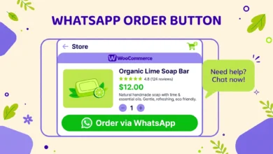 Flat illustration of a WooCommerce product page with a green WhatsApp order button