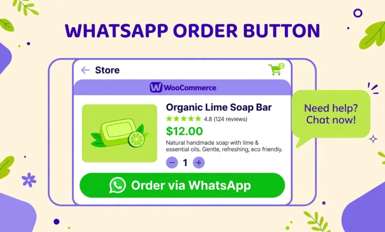 Flat illustration of a WooCommerce product page with a green WhatsApp order button