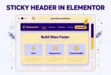 Flat illustration of a website header staying fixed at the top while page content scrolls