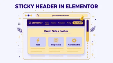 Flat illustration of a website header staying fixed at the top while page content scrolls