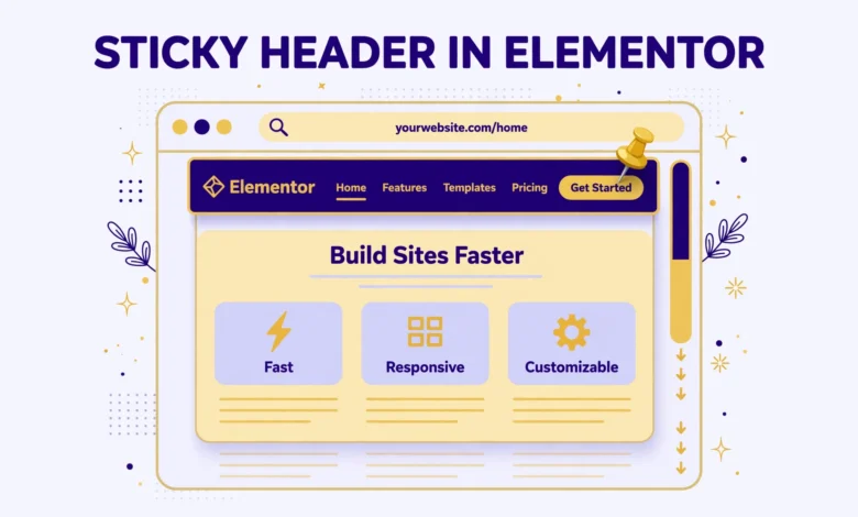 Flat illustration of a website header staying fixed at the top while page content scrolls