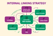 Flat illustration of connected web pages linked together in a topic cluster diagram