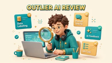 Freelancer reviewing AI training tasks on a laptop at home