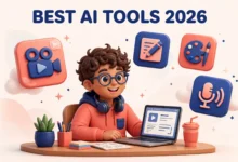 Content creator using AI tools for video editing and captions on a laptop