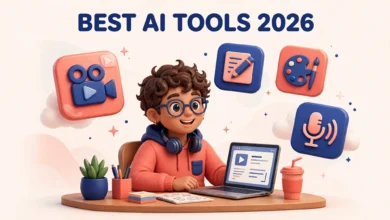 Content creator using AI tools for video editing and captions on a laptop