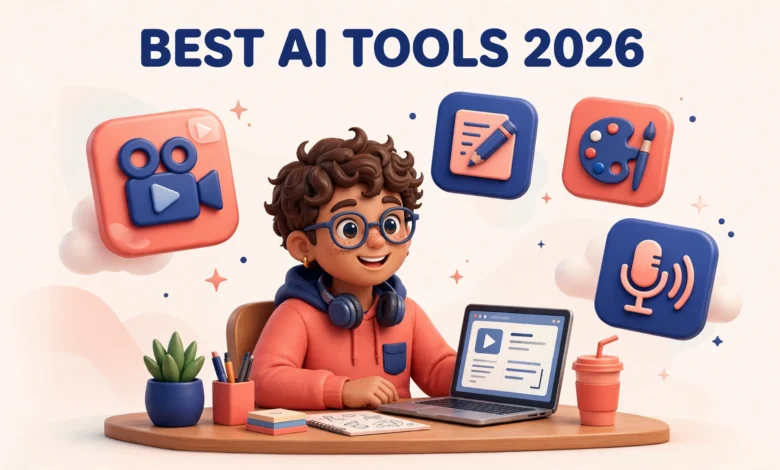 Content creator using AI tools for video editing and captions on a laptop