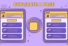 Flat illustration of two matching web pages side by side with a copy symbol
