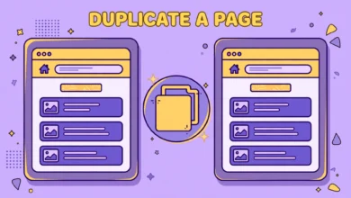 Flat illustration of two matching web pages side by side with a copy symbol
