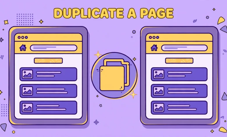 Flat illustration of two matching web pages side by side with a copy symbol