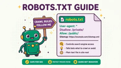 Flat illustration of a small robot sign and a text file controlling search engine access