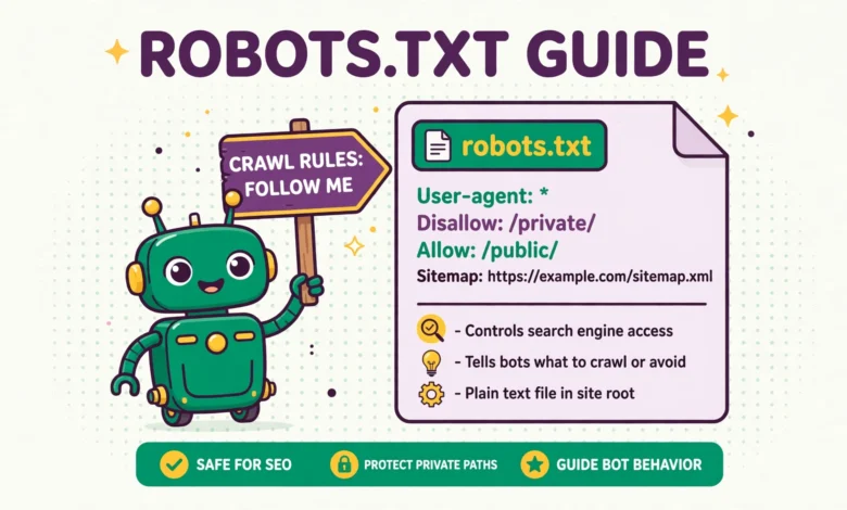 Flat illustration of a small robot sign and a text file controlling search engine access