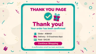 Flat illustration of a shopping checkout confirmation screen with a thank you message