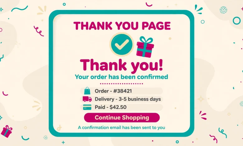 Flat illustration of a shopping checkout confirmation screen with a thank you message