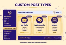 WordPress dashboard showing custom post types like portfolio and testimonials