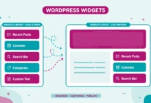 WordPress widgets panel with sidebar blocks for search and recent posts