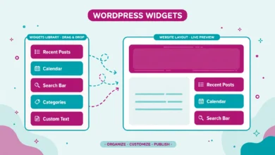 WordPress widgets panel with sidebar blocks for search and recent posts