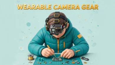Person wearing a head mounted action camera recording a first person task for AI training