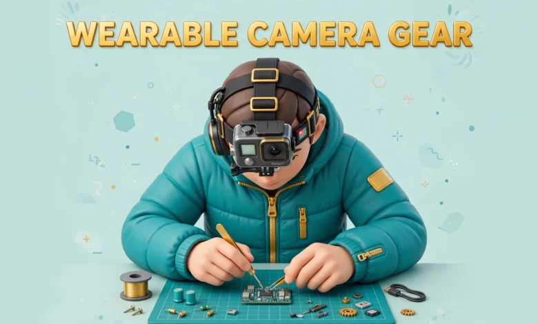 Person wearing a head mounted action camera recording a first person task for AI training