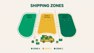 WooCommerce shipping zones settings screen with local, national and international delivery zones