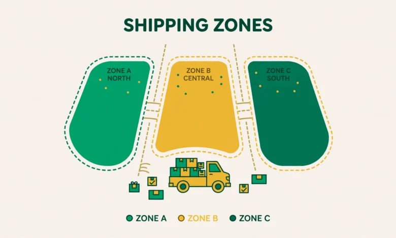 WooCommerce shipping zones settings screen with local, national and international delivery zones