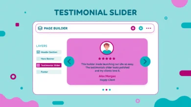 Elementor editor showing a testimonial carousel slider with client photo, stars and quote