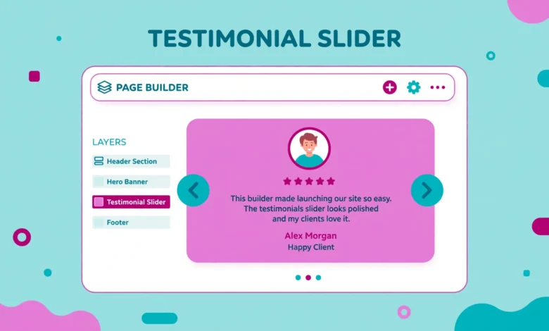 Elementor editor showing a testimonial carousel slider with client photo, stars and quote