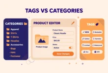 WooCommerce product editor showing category checkboxes beside a product tags box